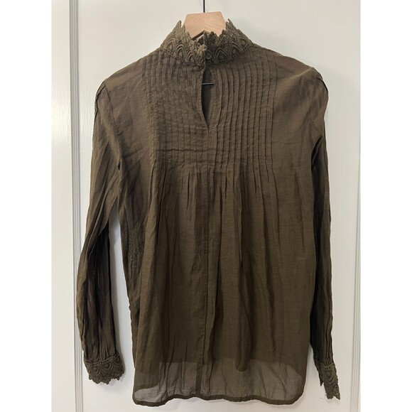 H&M L.O.G.G. Women's Green Long Sleeve Blouse with Lace Details Size 4 - Picture 2 of 9